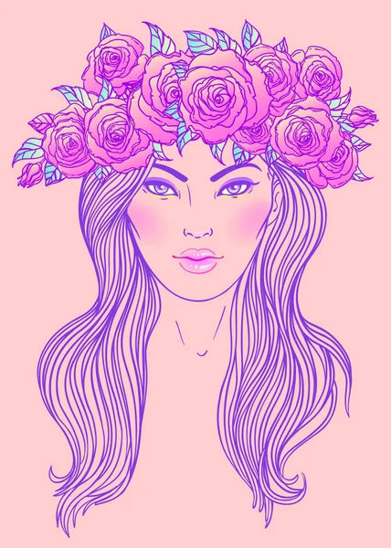 Jolie fille avec couronne de roses fleurs dans ses cheveux. Port femelle — Image vectorielle