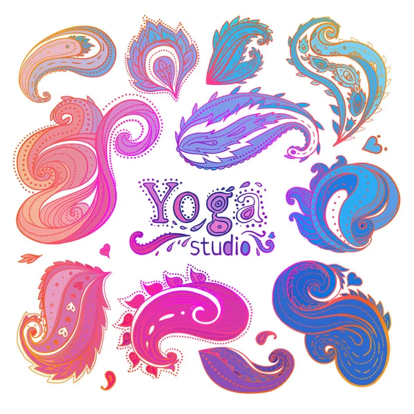 Yoga, colección de símbolos florales de meditación. Ornamental Boho Chic — Vector de stock