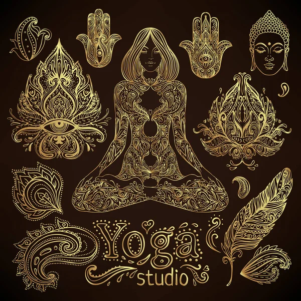 Yoga, conjunto de ilustración vectorial de meditación. Motivos paisley hindú . — Vector de stock