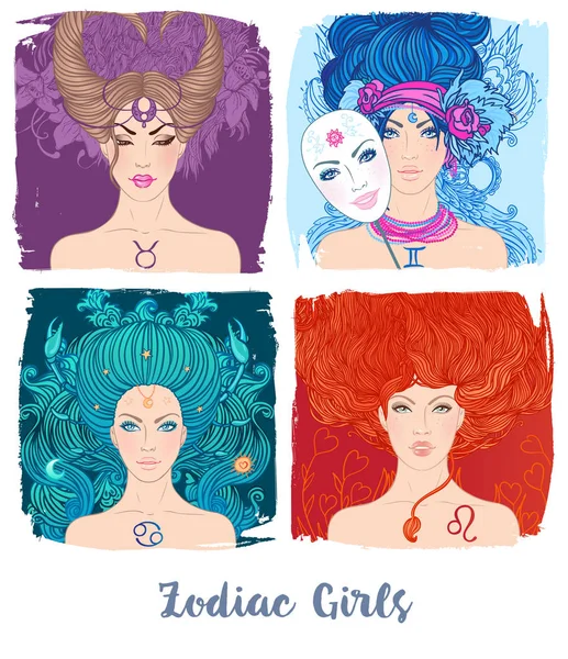 Zodiac dívek sada: vektorové ilustrace astrologická znamení — Stockový vektor