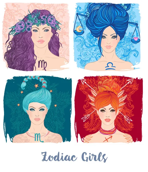 Набор девушек-зодиаков: векторная иллюстрация астрологических признаков — стоковый вектор