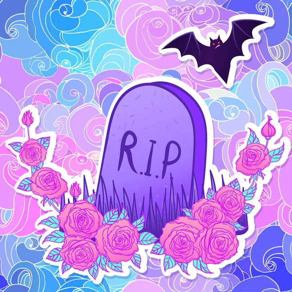 Lápida, murciélago, rosas. Glamour fondo de Halloween en el pasado de neón — Archivo Imágenes Vectoriales