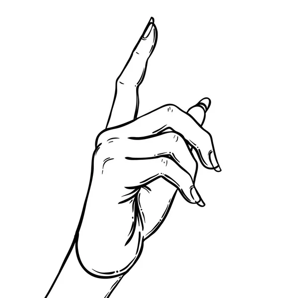 Die weibliche Hand zeigt mit dem Zeigefinger auf etwas. Zeigen direc — Stockvektor