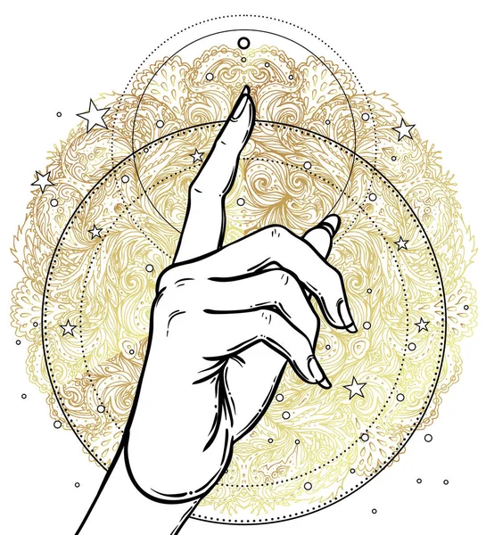 Female hand pointing on something with forefinger. Sacred geomet — Stock Vector