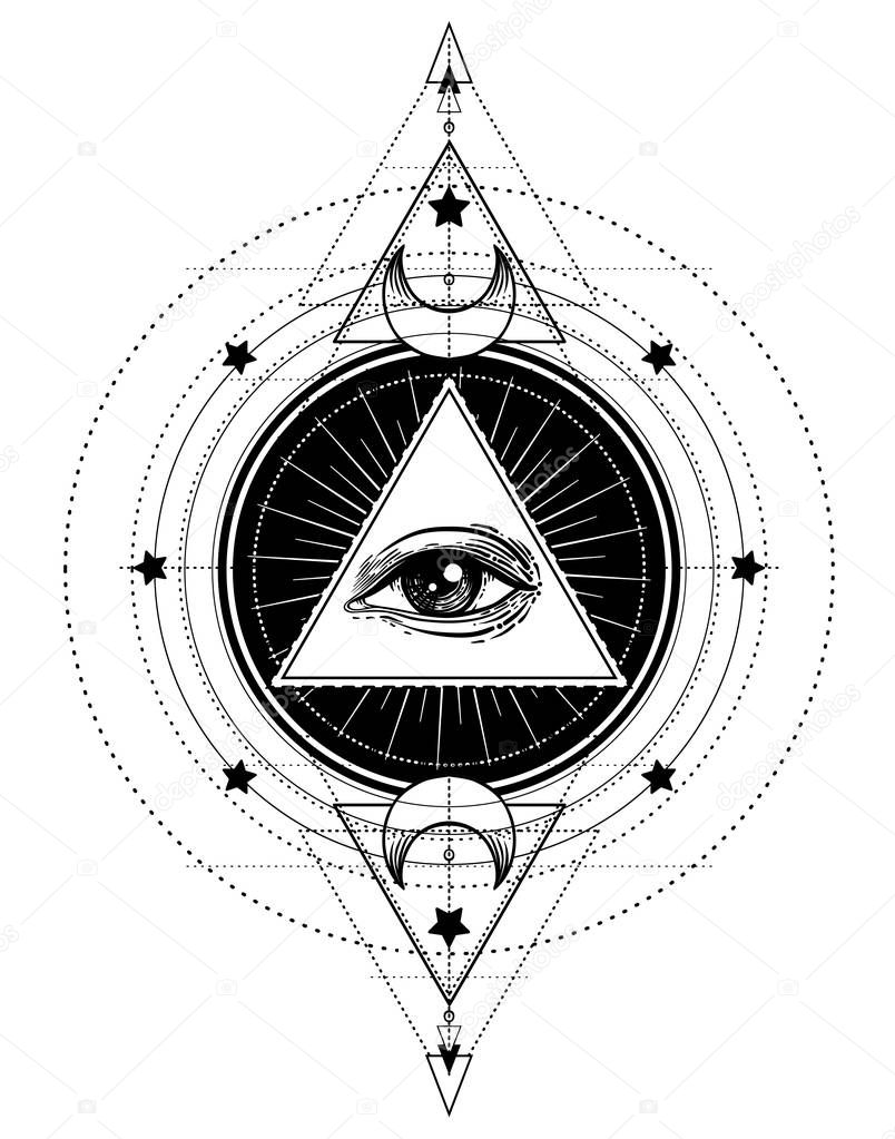 Blackwork tattoo flash. Eye of Providence. Masonic symbol. All seeing eye inside triangle pyramid. New World Order. Sacred geometry, religion, spirituality, occultism. Isolated vector illustration.