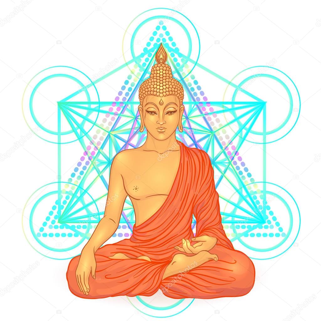 Sitting Buddha over sacred geometry