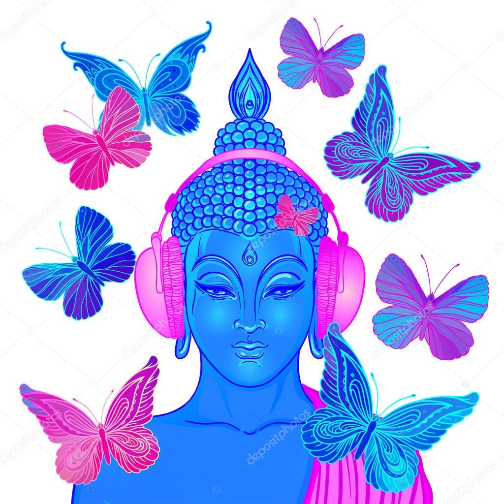 Buddha listening to music in headphones  