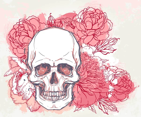 Calavera humana con flores — Vector de stock