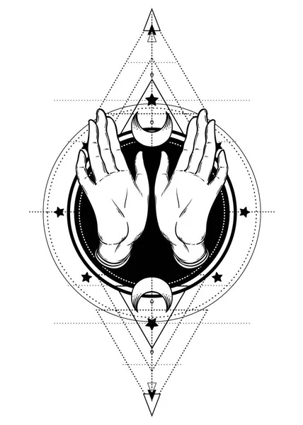 Eller üzerinde kutsal geometri tasarım öğeleri — Stok Vektör