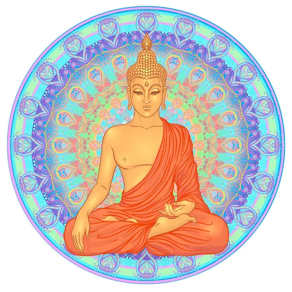 Sitzender Buddha über verziertem Mandala — Stockvektor