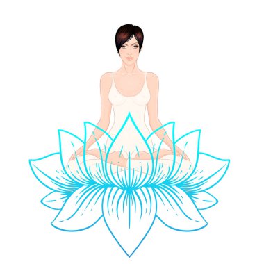 Lotus poz ile lotus çiçeği arka plan üzerinde oturan genç kadın