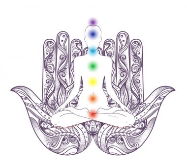 Çakralar ile lotus pozisyonda hamsa sembolü üzerinde oturan insan silueti