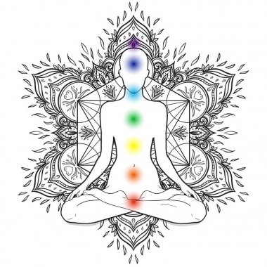 Siluet lotus pozisyonda dekoratif mandala üzerinde yuvarlak desen kutsal geometri elemanları ile