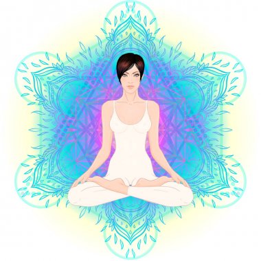 Lotus poz ile süslü mandala arka plan üzerinde oturan genç kadın