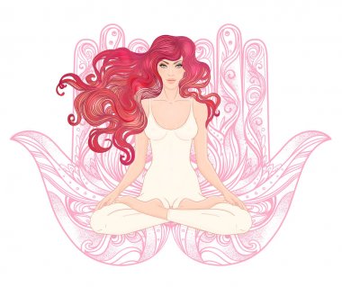 Lotus bulunduğu hamsa sembolü üzerinde oturan kadın