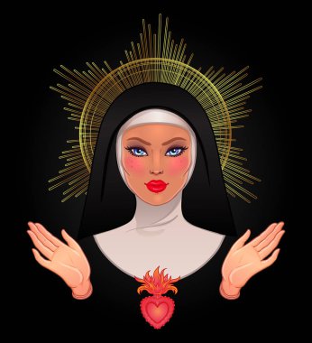 Nimet eller, kırmızı seksi dudaklar ve Kutsal Kalp sembolü olan Katolik Rahibe.