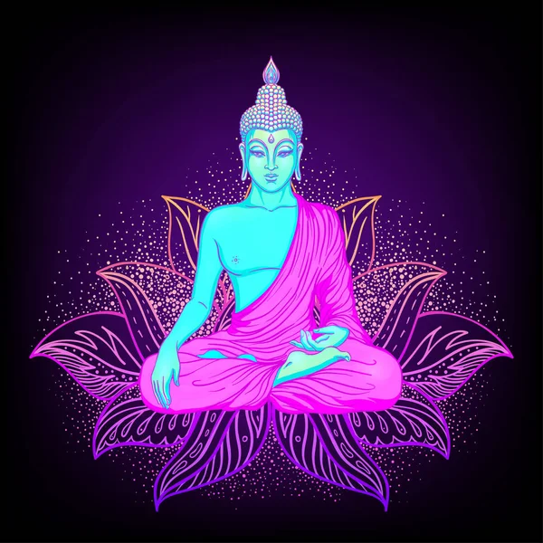 Sittande Buddha Siluett Över Prydnads Lotusblomma — Stock vektor