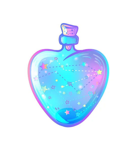 Magic Potion Heart Shaped Bottle Glowing Stars — Stock Vector