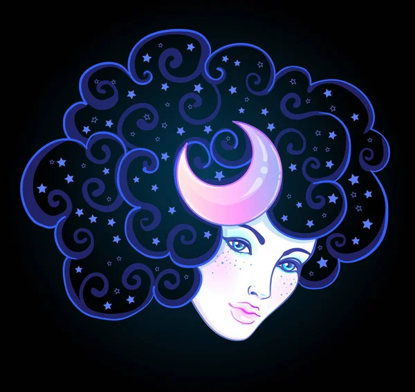 Fille Aux Cheveux Blancs Tête Dans Les Nuages Avec Lune — Image vectorielle