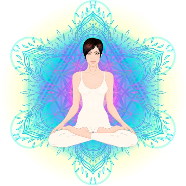 Young Woman Sitting Lotus Pose Ornate Mandala Background — Stock Vector