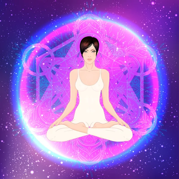 Junge Frau Lotus Pose Mit Kunstvollem Mandala Auf Dem Hintergrund — Stockvektor