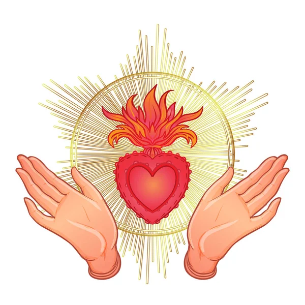 张开祈祷的手围绕着耶稣神圣的心 — 图库矢量图片