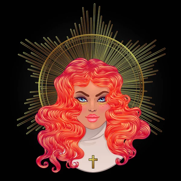 Mulher Católica Com Lábios Sexy Vermelho Halo Dourado Cruz —  Vetores de Stock