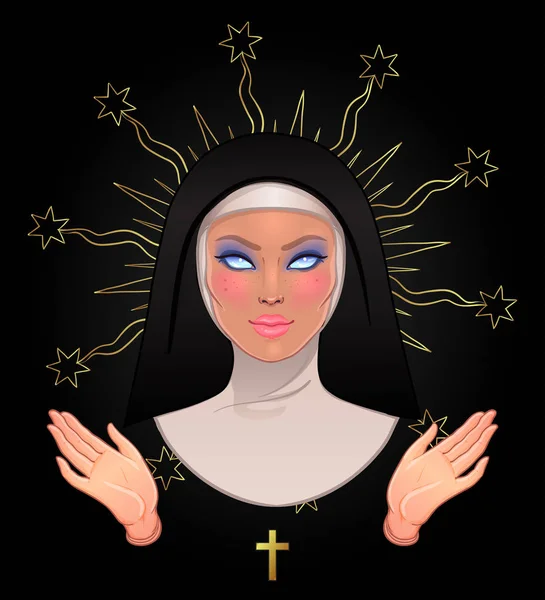 Monja Católica Con Los Ojos Espeluznantes Vacíos — Vector de stock