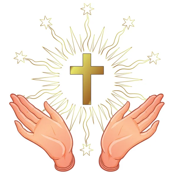 キリスト教の主要なシンボルを示す開かれた人間の手でホーリー クロス — ストックベクタ