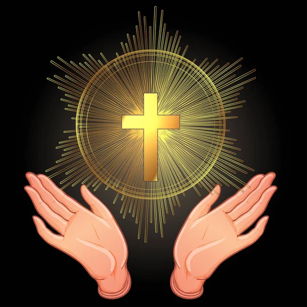 Holy Cross Opened Human Hands Showing Main Symbol Christianity — Stock Vector