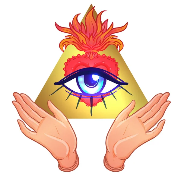 Human Hands Opened Masonic Symbol All Seeing Eye Sacred Heart — Stock Vector
