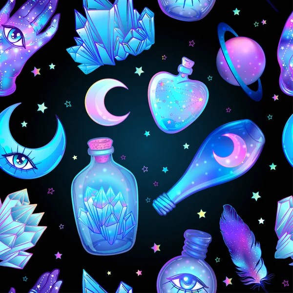 Seamless pattern with glass flasks, magic potions, tubes and bottles.