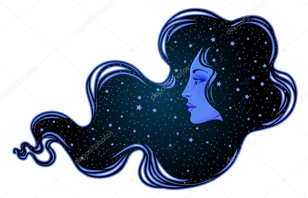 Profile of girl with hair full of stars inside