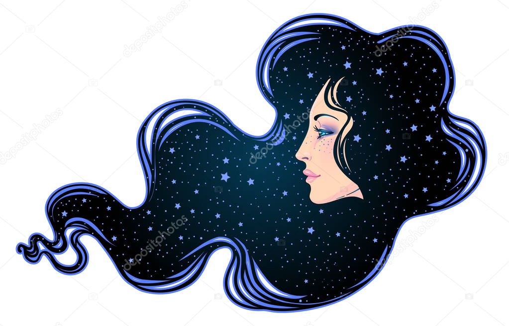 Profile of girl with hair full of stars inside