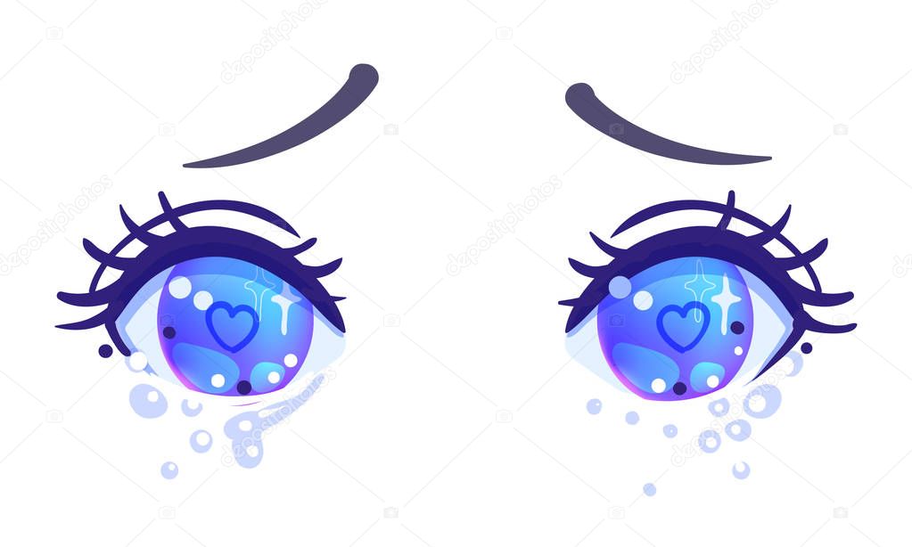 Colorful eyes in anime style with shiny light reflections isolated on white background