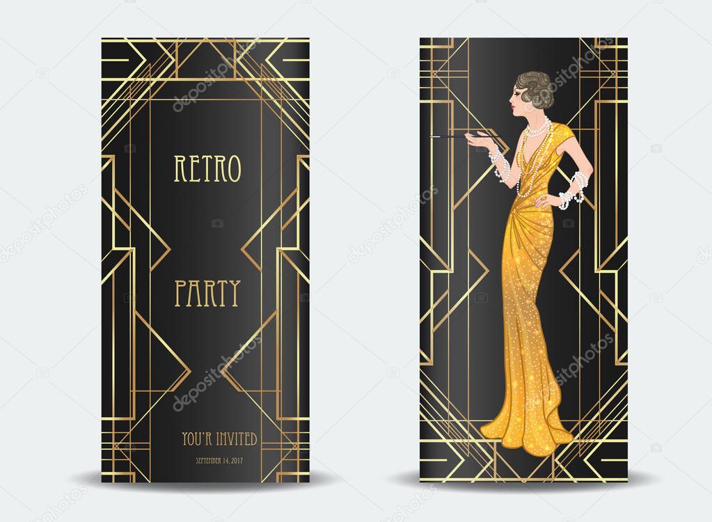 Set of Art Deco vintage invitation template design
