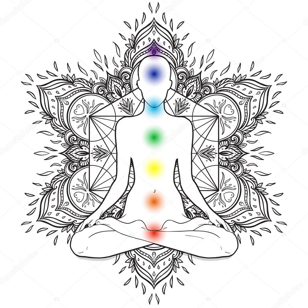 Silhouette in lotus position over decorative mandala round pattern with sacred geometry elements