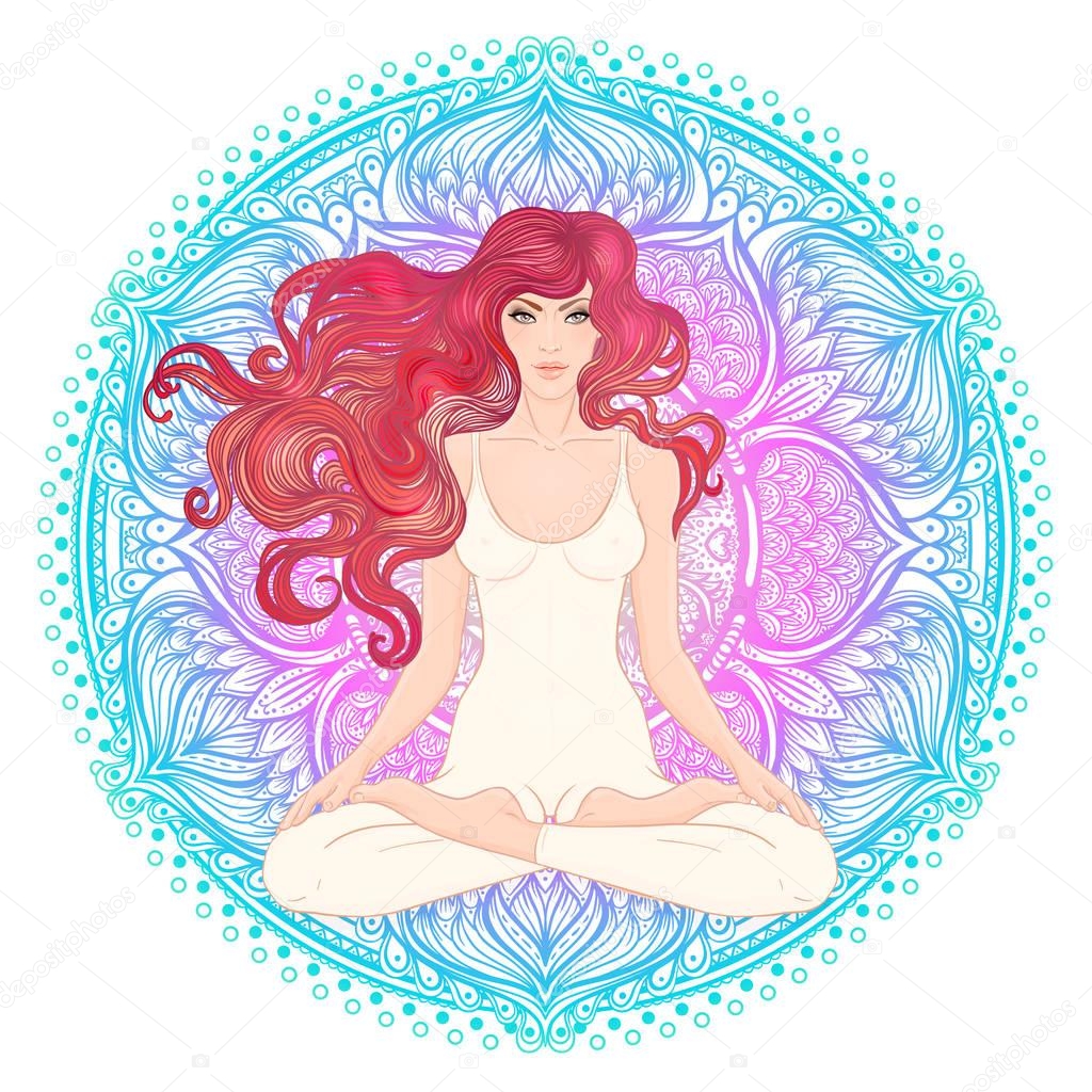 Young woman sitting in Lotus pose with ornate mandala on background