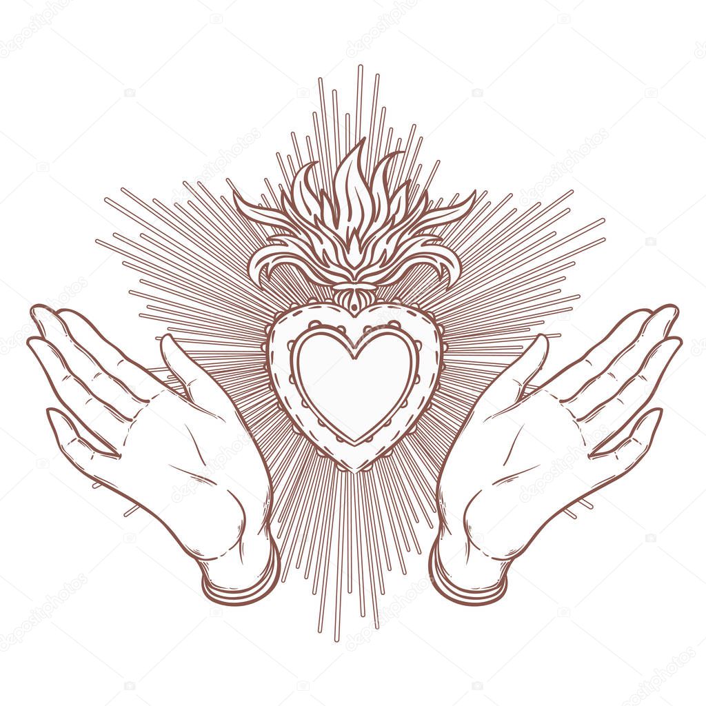 Opened hands around sacred heart of Jesus.