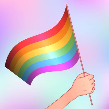 Human hand holding flag of LGBT community on flagstaff clipart
