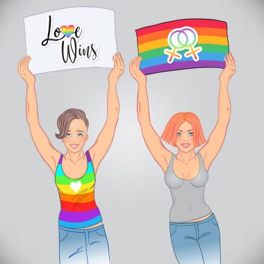 LGBT bayrakları tutan genç kadın karakter