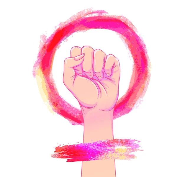 Mão Feminina Com Punho Levantado Mão Rosa Desenhado Círculo Aquarela — Vetor de Stock