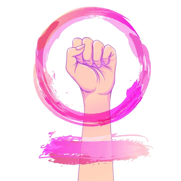 Female Hand Fist Raised Pink Hand Drawn Watercolor Circle — Stock Vector