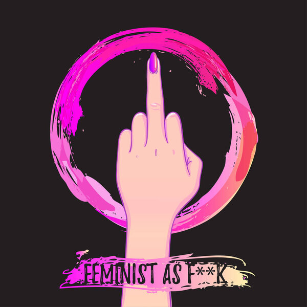 Женская рука со средним пальцем в розовом ручном круге акварели
