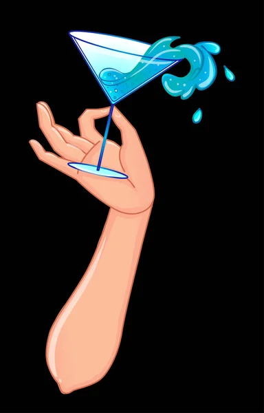 Female hand holding cocktail glass with splash on black background
