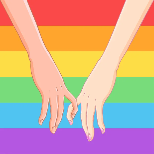 Dwie Kobiety Trzymając Się Ręce Nad Społeczności Gejowskiej Rainbow Kolorowe — Wektor stockowy