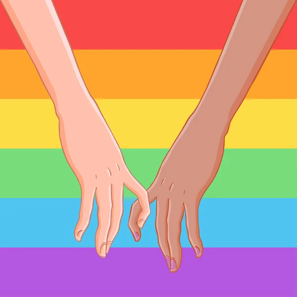 Zwei Frauen Halten Hände Über Der Regenbogenfarbenen Flagge Der Schwulen — Stockvektor