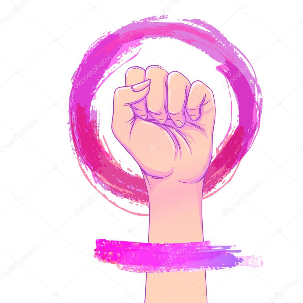 Female hand with fist raised up in pink hand drawn watercolor circle