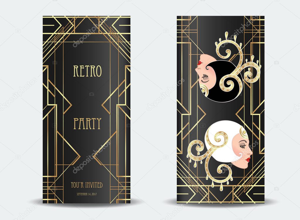 Art Deco vintage invitation template design with illustration of