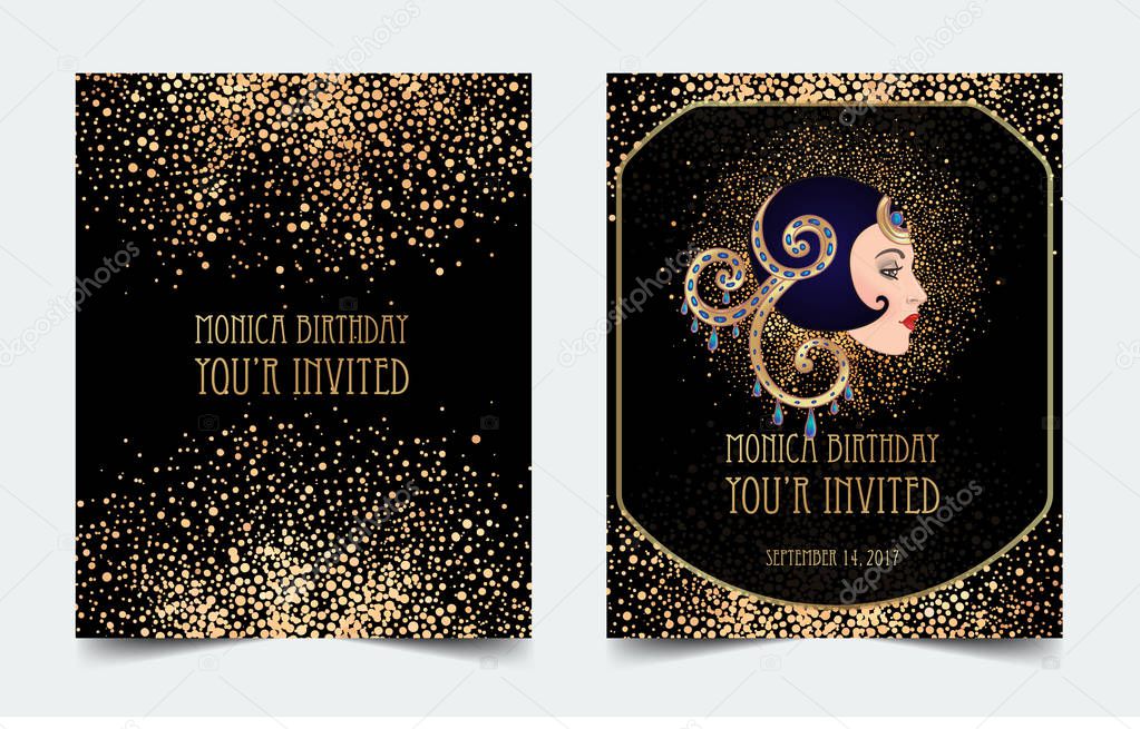 Art Deco vintage invitation template design with illustration of